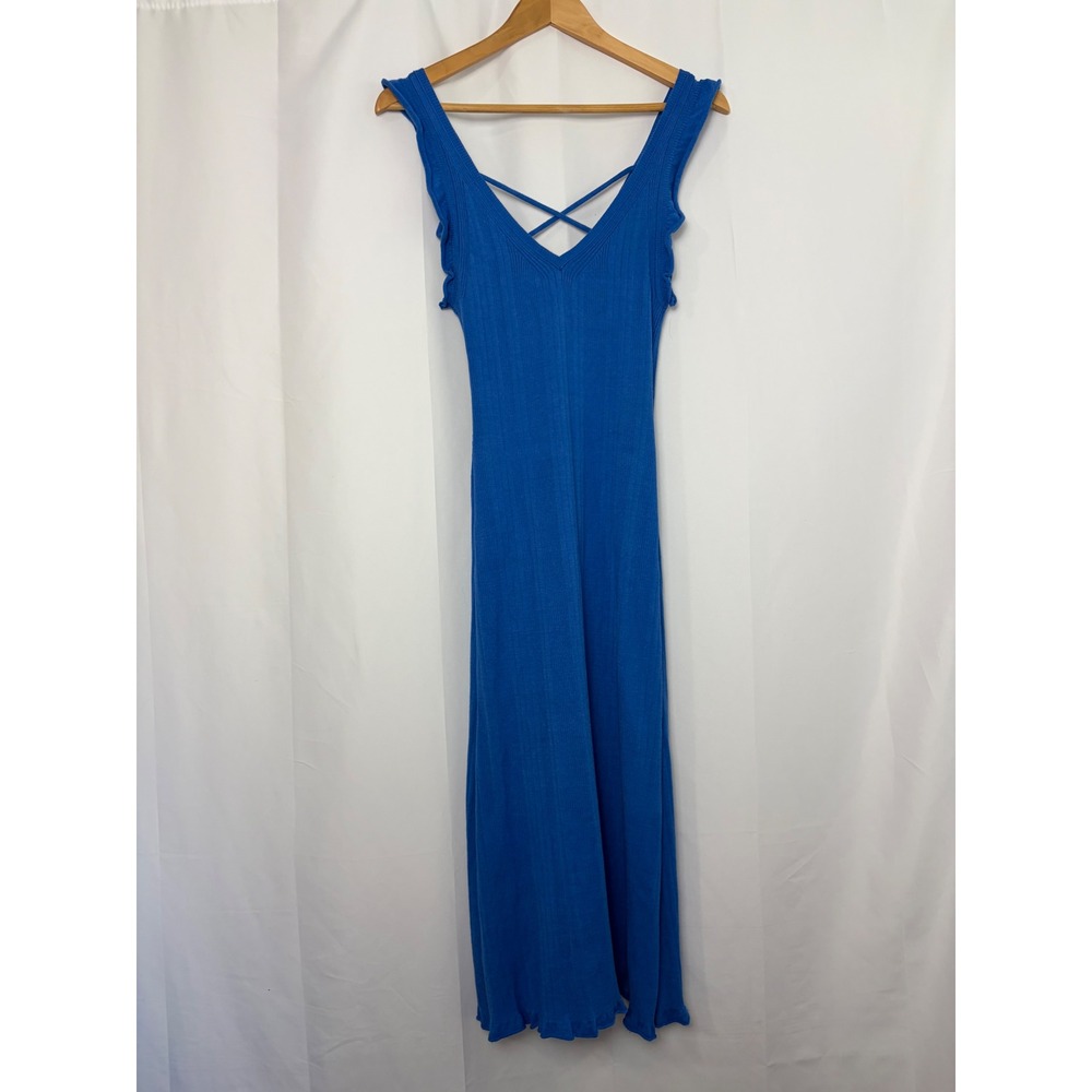 Daily Practice by Anthropologie Blue Ribbed Ruffle Midi Dress Strappy Back Small